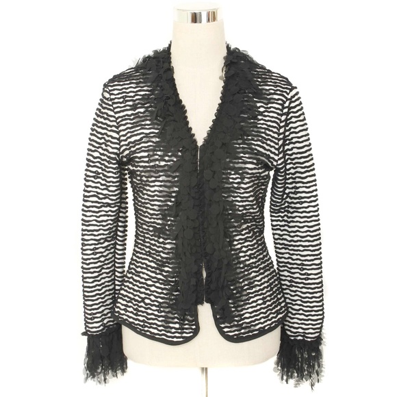 ANTONELLE White & Black Textured Knit Petal Chiffon Detail Blazer Jacket - Picture 1 of 5